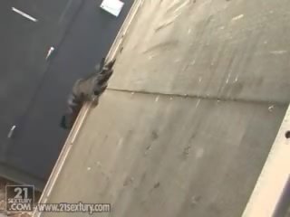 Inmundo vega arpía crouches en su catwoman disfraz en la rooftop